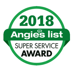 Angie's List 2018 Super Service Award badge, green and white circle with text.