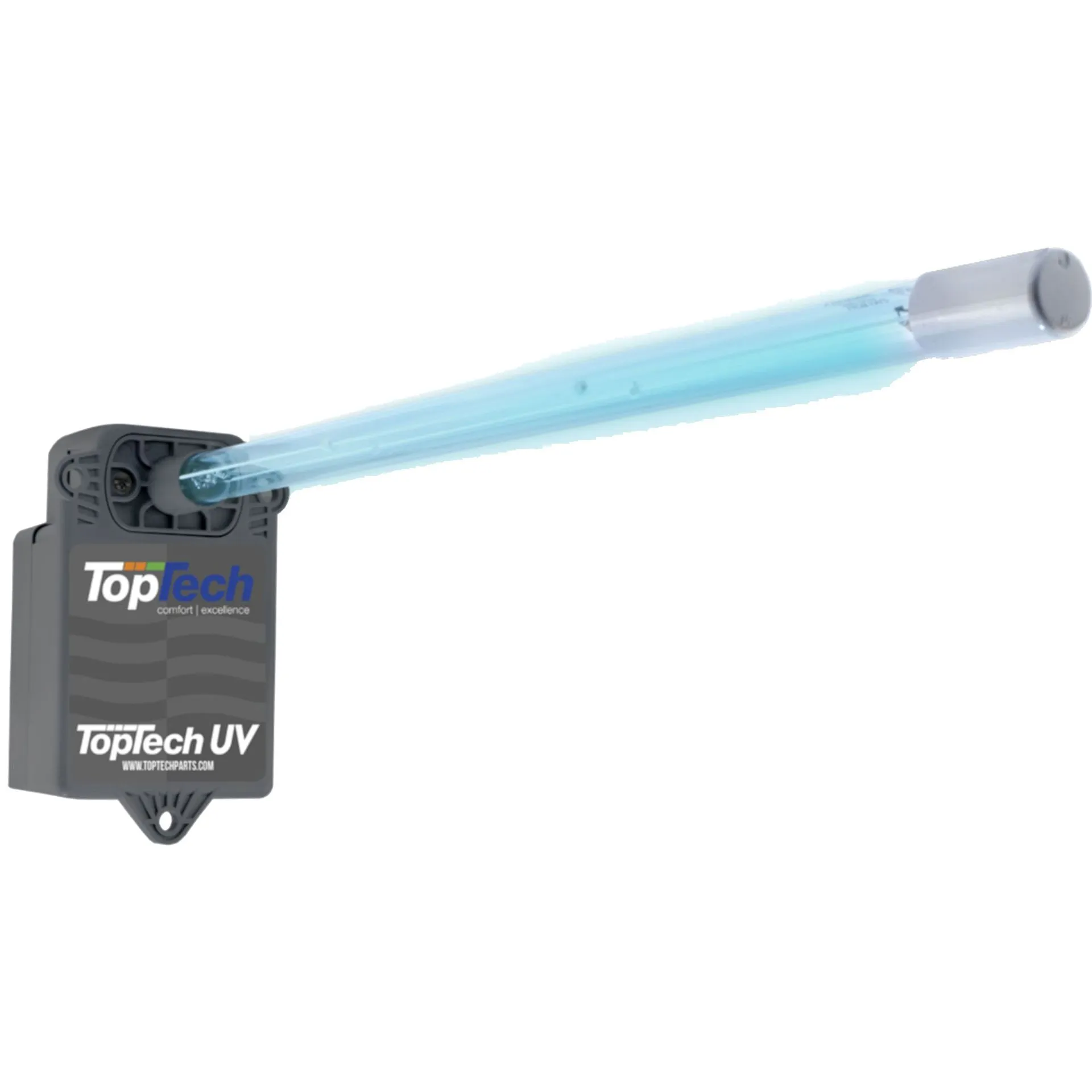 TopTech UV germicidal lamp with a glowing blue-white tube on a grey mounting bracket