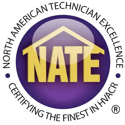 NATE certification logo: Gold text "NATE" under a house silhouette on a purple circle, surrounded by white text.