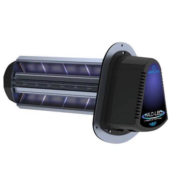 RGF REME HALO-LED in-duct air purifier with its blue UV lamp cells exposed
