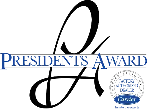 President's Award logo with a stylized "PA" graphic and "Factory Authorized Dealer" seal for Carrier.