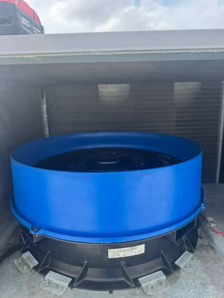 HVAC fan shroud cleaned back to bright blue during a Frontier maintenance visit