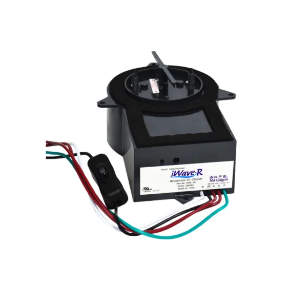 iWave-R residential air cleaner shown at an angle with its wiring harness and power switch