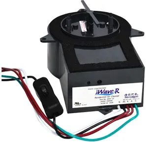 Front view of an iWave-R residential air cleaner with its labelled control box